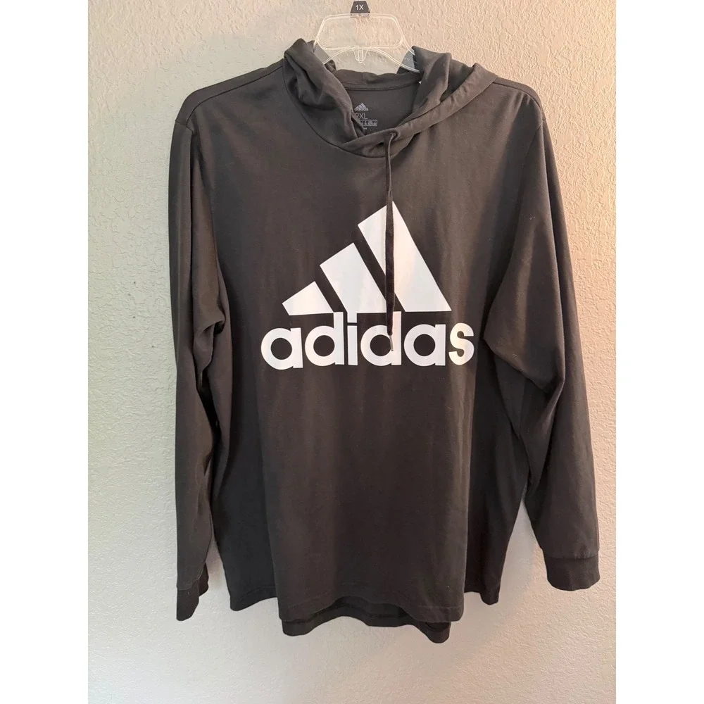 Adidas‎ Mens 2XL Black White Badge of Sport Logo Long Sleeve Hooded Tee Shirt